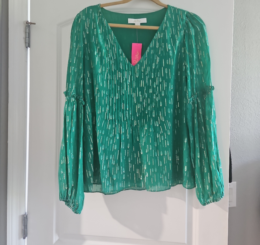 Lilly Pulitzer Emerald Blouse with Metallic Accents